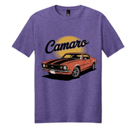 Camaro blend cotton tee in Electric Purple Heather featuring classic car graphic and stylish design.