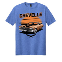 Chevelle SS graphic on heathered royal perfect blend tee shirt, showcasing vintage car style and vibrant colors.