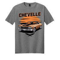 Chevelle SS graphic on a grey perfect blend tee shirt, showcasing a vintage car design with bold text.