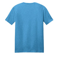 Back view of a blue Corvette t-shirt made from a blend of cotton and polyester.