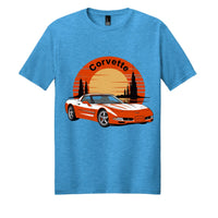Corvette t-shirt featuring a graphic design of a vintage Corvette against a sunset background.