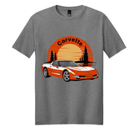 Corvette T-shirt featuring a graphic of an orange Corvette against a sunset design.