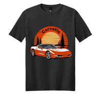 Corvette t-shirt featuring a vibrant graphic of a Corvette car against a sunset backdrop.