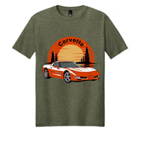 Corvette t-shirt featuring a vintage style graphic of a Corvette car against a sunset background.