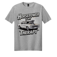 alt_tag: Horsepower is my Therapy graphic on a Light Heather Grey perfect blend cotton poly tee.