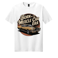Muscle car era t-shirt featuring vintage car graphic on white District DM108 tee.