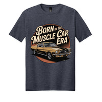 Muscle car era t-shirt in heathered navy featuring a classic car graphic and retro typography.