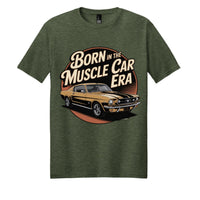 Muscle Car Era t-shirt in Heathered Forest Green featuring a vintage car graphic.