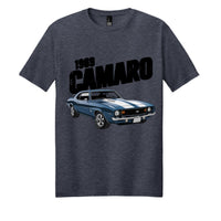 District DM108 Perfect Blend Tee featuring a 1969 Camaro graphic on heathered navy fabric.