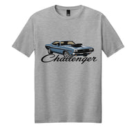 Dodge Challenger perfect blend tee design featuring classic car illustration on a grey shirt.