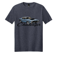 Dodge Challenger perfect blend tee featuring a graphic of a classic car on a navy shirt.
