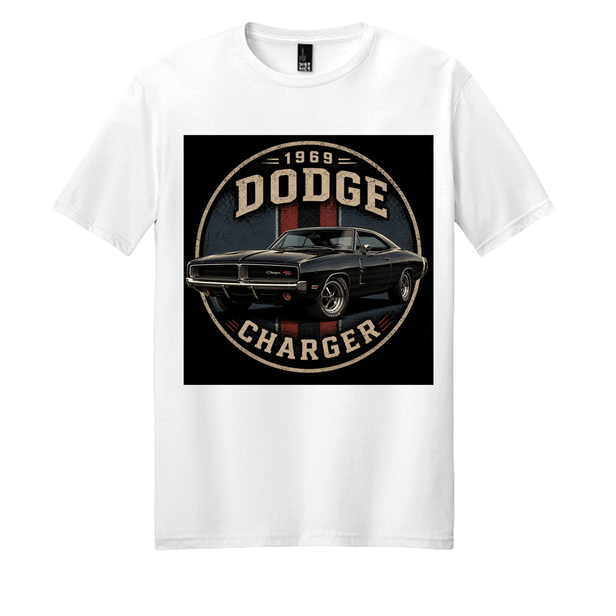 District DM108 blend cotton t-shirt featuring a vintage 1969 Dodge Charger design on a white tee.