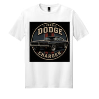 District DM108 blend cotton t-shirt featuring a vintage 1969 Dodge Charger design on a white tee.