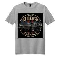 Dodge Charger graphic on light heather grey District DM108 blend cotton t-shirt, featuring classic 1969 car design.