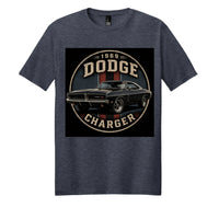 District DM108 blend cotton t-shirt featuring a vintage 1969 Dodge Charger design on heathered navy fabric.