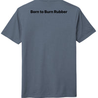 Born to Burn Rubber graphic on the back of a blue perfect tri tee shirt.
