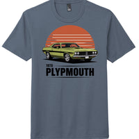 1970 Plymouth graphic on a navy t-shirt, perfect for car enthusiasts and retro style lovers.