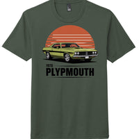 Perfect tri tee shirt featuring a retro 1970 Plymouth design on heathered forest green fabric.