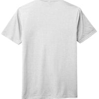 Back view of District DM130 Perfect Tri Tee in light gray fabric, showcasing its rib-knit neck and shoulder-to-shoulder taping.