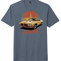 District DM130 Perfect Tri Tee featuring a graphic of a vintage Judge car on a navy frost background.