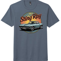 Vintage 1963 Sting Ray graphic on navy cotton tee, showcasing classic car design for District Perfect Tri Tee.