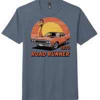 1970 Road Runner graphic tee on navy frost shirt featuring cartoon bird and car illustration.
