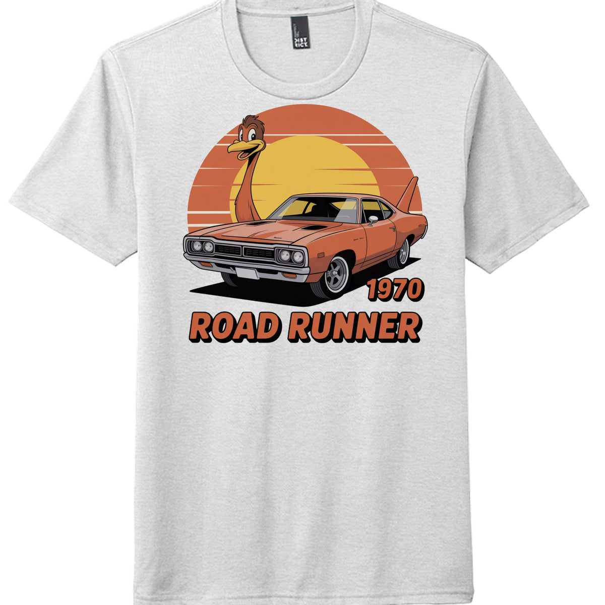 1970 Road Runner graphic t-shirt on gray fabric, perfect tri tee for men with car and cartoon design.