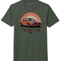 District DM130 Perfect Tri Tee featuring 1969 Trans Am graphic design on heathered forest green shirt.