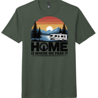 Home park it graphic tee featuring landscape design, perfect tri blend tee in olive green.