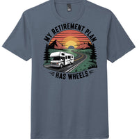 RV retirement shirt District DM130 in Navy Frost featuring graphic with RV and sunset design.