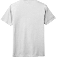 Back view of a grey perfect tri tee shirt made from 50% polyester, 25% combed ring-spun cotton, 25% rayon.