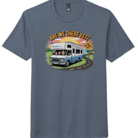 Are We There Yet graphic on a navy frost perfect tri tee shirt, featuring a camper driving down the road.