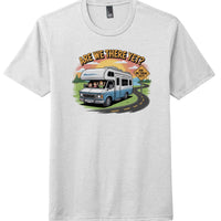 Graphic print of RV and kids on light gray perfect tri tee shirt with text 'Are We There Yet?'.