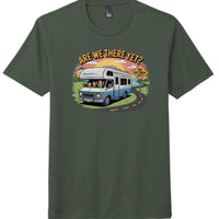 Heathered Forest Green perfect tri tee shirt with RV design and text 'Are We There Yet?'. Fun travel shirt for adventures.