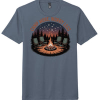 District Perfect Tri Tee in Navy Frost featuring 'Camp More, Worry Less' design with campfire and chairs.