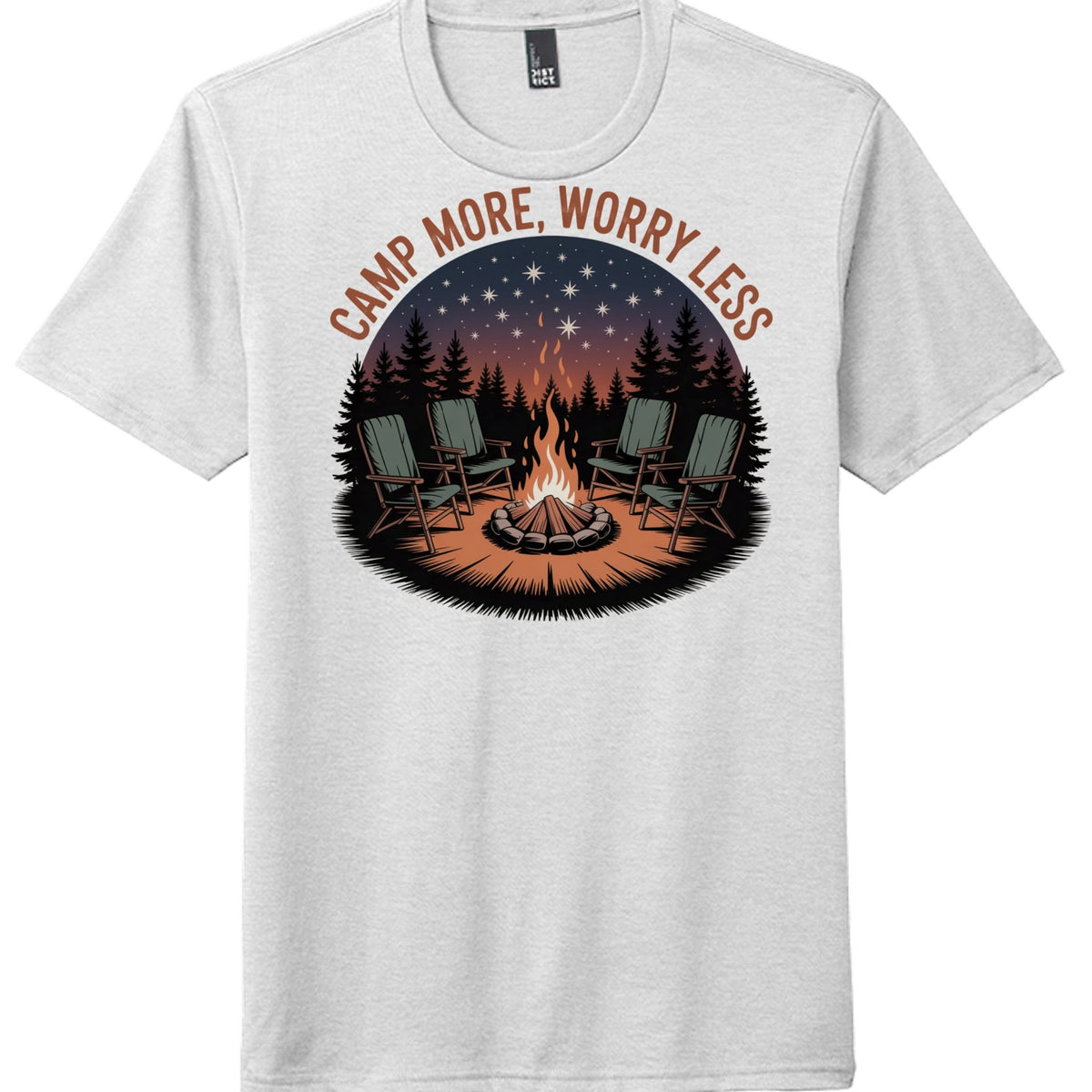 Camp More Worry Less graphic on District Perfect Tri Tee in white, featuring camping scene with fire and chairs.