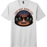 Camp More Worry Less graphic on District Perfect Tri Tee in white, featuring camping scene with fire and chairs.