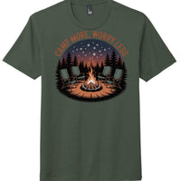 Camp More Worry Less graphic on Heathered Forest Green District Perfect Tri Tee, showcasing camping scene and cozy vibe.