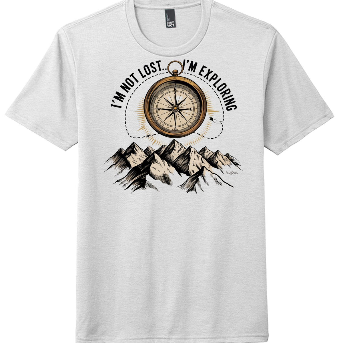I'm not lost I'm exploring graphic on white perfect tri tee shirt by District DM130, featuring a compass and mountains.