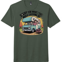 District Perfect Tri Tee in Heathered Forest Green with humorous camper graphic and text 'Sorry for What I Said While Backing Up'.