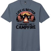 Life around campfire graphic on navy frost District DM130 campfire t-shirt, perfect for outdoor enthusiasts.