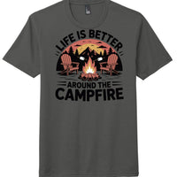 Charcoal campfire t-shirt featuring the phrase 'Life is better around the campfire' with a graphic design.