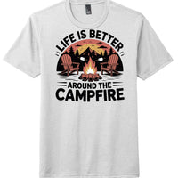 Life around campfire graphic on a white campfire t-shirt, perfect for outdoor enthusiasts and camping lovers.