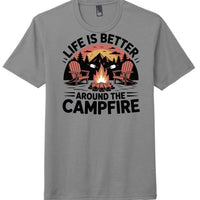 Life around campfire graphic on a grey frost District DM130 campfire t-shirt, perfect for outdoor enthusiasts.