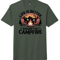 Life is better around the campfire graphic on a heathered forest green campfire t-shirt.
