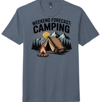 District Perfect Tri Tee in Navy Frost featuring a camping graphic and text 'Weekend Forecast: CAMPING'.