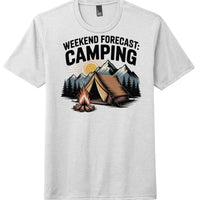 Weekend Forecast: Camping graphic on District Perfect Tri Tee in light gray, featuring tent and campfire illustration.
