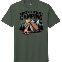 District Perfect Tri Tee in Heathered Forest Green with 'Weekend Forecast: Camping' graphic.