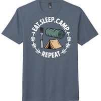 eat sleep camp t-shirt with camping graphics on navy shirt, ideal for outdoor enthusiasts.