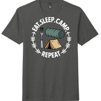 eat sleep camp repeat t-shirt in charcoal featuring camping graphics and playful lettering.